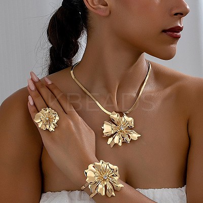 Flower Alloy Rhinestones Pendant Necklaces & Rings & Cuff Bangles Sets for Women FS-WG14933-01-1