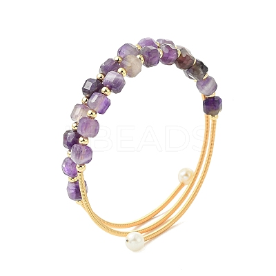 Cube Natural Amethyst & Freshwater Pearl Beaded Copper French Wire Wrap Cuff Bangles BJEW-JB13984-02-1