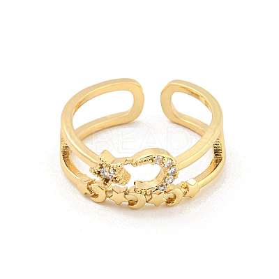 Star & Moon Brass Micro Pave Clear Cubic Zirconia Open Cuff Rings RJEW-G309-31G-1