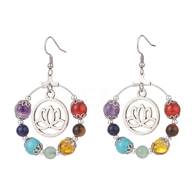Natural & Synthetic Mixed Gemstone Beaded Big Ring with Alloy Lotus Dangle Earrings EJEW-TA00117-1