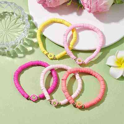 Handmade Polymer Clay Beaded Smiling Face Flower Stretch Bracelets BJEW-JB10209-1