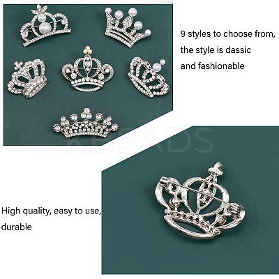 6Pcs 6 Style Crystal Rhinestone Crown Brooch Pins with Plastic Pearl Beaded JEWB-CA0001-29-1