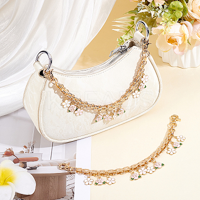 2Pcs Alloy Pink and White Enamel Flower Tassel Bag Decorative Chains AJEW-BBC0001-05-1