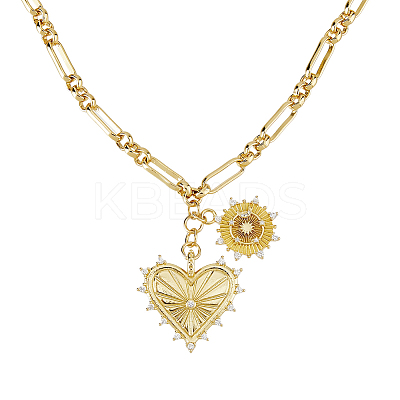 Brass Micro Pave Clear Cubic Zirconia Sun Heart Pendant Link Chain Necklaces NJEW-HS00021-1