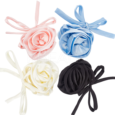 4Pcs 4 Colors 3D Rose Satin Fabric Wrap Choker Necklaces for Women NJEW-CY0001-02-1