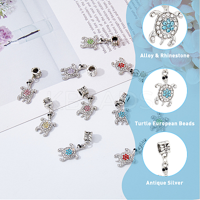 12Pcs 6 Colors Tortoise Alloy Rhinestone European Dangle Charms ALRI-DC0001-03-1