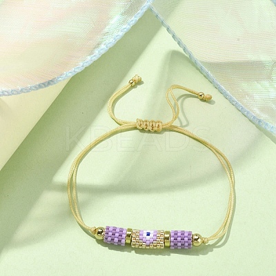 Glass Seed Column with Evil Eye Link Bracelet BJEW-MZ00029-01-1