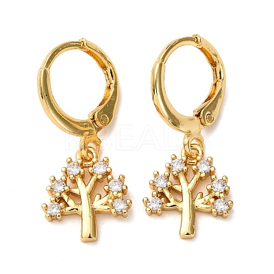 Brass Micro Pave Clear Cubic Zirconia Tree Hoop Earrings EJEW-K267-26G-1