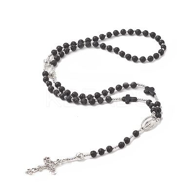Natural Lava Rock & Synthetic Turquoise Rosary Bead Necklace NJEW-JN04238-1