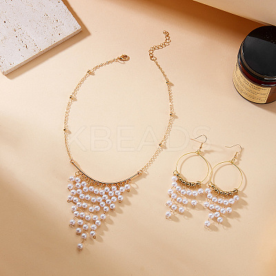 Alloy & Round Imitation Pearl Tassel Necklaces & Earring Set for Women WG0A440-01-1