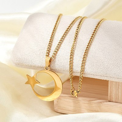 201 Stainless Steel Crescent Moon Star Pendant Twisted Chain Necklaces NJEW-S387-07G-1