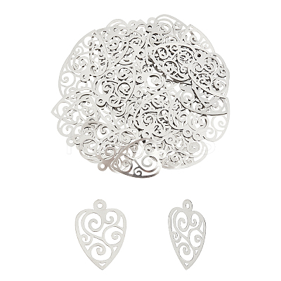 50Pcs Original Color Heart with Floral Pattern 304 Stainless Steel Slice Pendants STAS-UN0021-52P-1