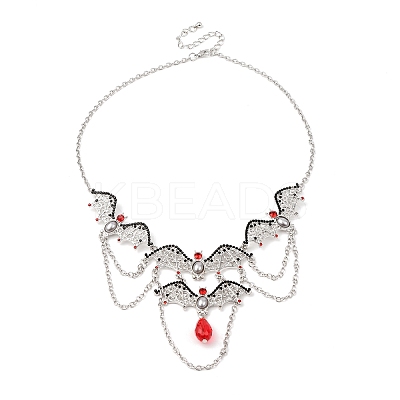 Halloween Bat Alloy Siam Rhinestone Bib Necklaces for Women LS-NJEW-P340-02P-1