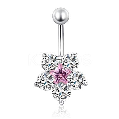 Piercing Jewelry Real Platinum Plated Brass Star Flower Rhinestone Navel Ring Belly Rings AJEW-EE0001-21B-1