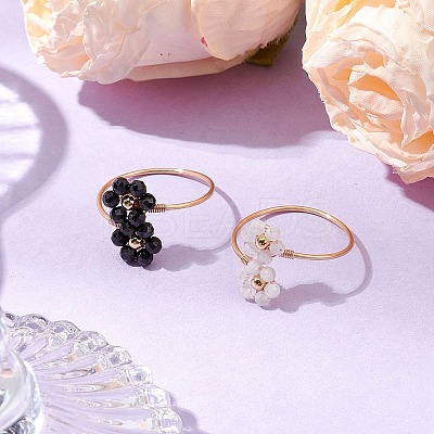 Flower Natural Rainbow Moonstone & Black Spinel Finger Rings RJEW-JR00777-1