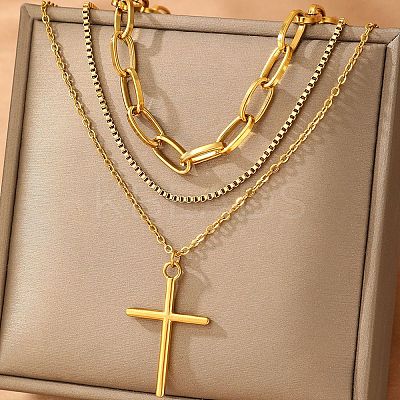 304 Stainless Steel Cross Pendant 3 Layer Necklaces for Women LS-NJEW-F343-02G-1