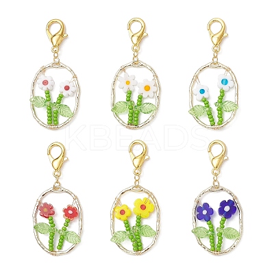 6Pcs Oval with Flower Glass Seed Bead & Lampwork & Alloy Pendant Decoraitons HJEW-MZ00351-1