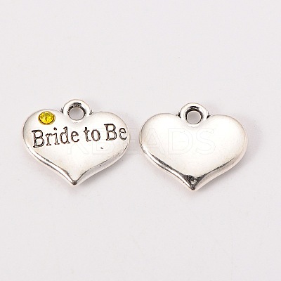 Wedding Theme Antique Silver Tone Tibetan Style Heart with Bride to Be Rhinestone Charms LS-X-TIBEP-N005-10E-1