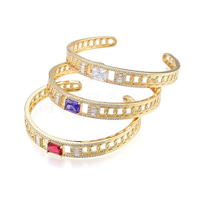 Cubic Zirconia Rectangle Open Cuff Bangle BJEW-N014-014-1