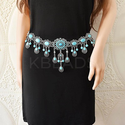Bohemian Alloy & Synthetic Turquoise Flower Teardrop Tassel Body Chains for Woman WG1D408-02-1