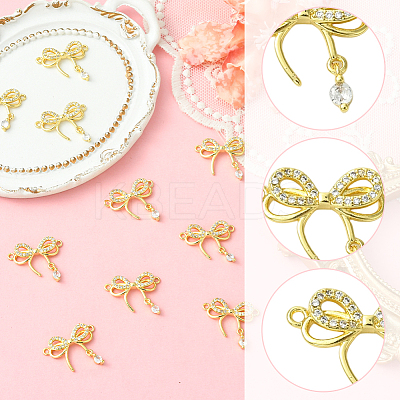 10Pcs Rack Plating Brass Pave Clear Cubic Zirconia Bowknot Connector Charms KK-SC0006-74-1