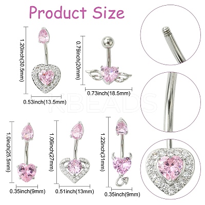 5Pcs 5 Styles Heart Teardrop 304 Stainless Steel Pearl Pink Cubic Zirconia Curved Barbell Belly Rings AJEW-CJ0001-58-1