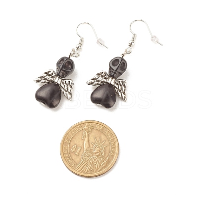 Synthetic Turquoise Skull with Wings Dangle Earrings EJEW-JE04944-03-1