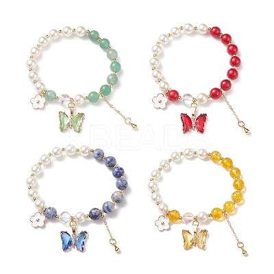 4Pcs 4 Style Round Natural Mixed Gemstone & Shell Pearl Beaded Stretch Bracelets Set BJEW-TA00191-1