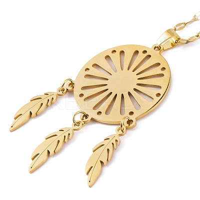 Woven Net/Web with Feather 201 Stainless Steel Boho Pendant Necklaces for Women NJEW-G087-05G-1