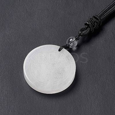 Natural Quartz Crystal Flat Round with Flower of Life Pendant Necklace with Nylon Cord for Women NJEW-P274-02-07-1