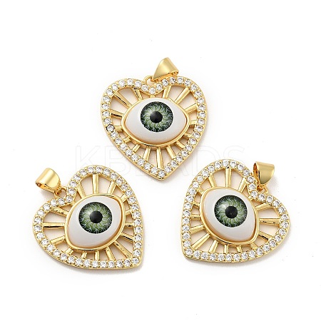 Heart with Eye Brass Micro Pave Clear Cubic Zirconia Pendants KK-G419-07G-02-1
