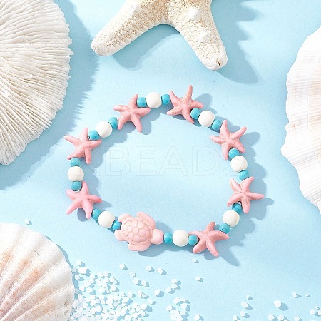 Starfish & Turtle Synthetic Turquoise Beads Stretch Bracelets for Women BJEW-JB12129-01-1