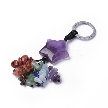 Natural Amethyst Star with Mixed Gemstone Chips Beaded Tassel Keychains KEYC-P012-01P-03-1