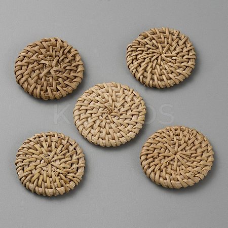 Flat Round Handmade Reed Cane/Rattan Woven Beads WOVE-CJC0001-02D-1