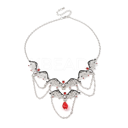 Halloween Bat Alloy Siam Rhinestone Bib Necklaces for Women LS-NJEW-P340-02P-1