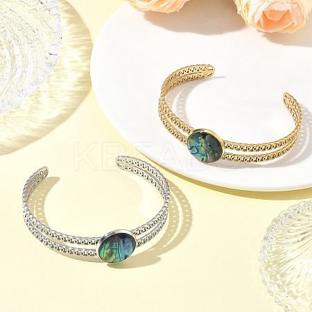 2Pcs 2 Colors Natural Abalone Shell Paua Shell 304 Stainless Steel Open Cuff Bangle Sets with Enamel BJEW-JB14486-01-1