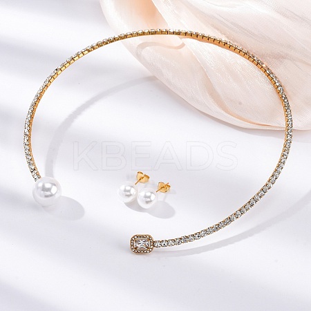 Round Plastic Imitation Pearl Stud Earrings & Rectangle Cubic Zirconia Rhinestone Cuff Choker Necklaces Sets SJEW-U003-06G-1