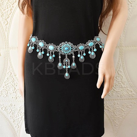 Bohemian Alloy & Synthetic Turquoise Flower Teardrop Tassel Body Chains for Woman WG1D408-02-1