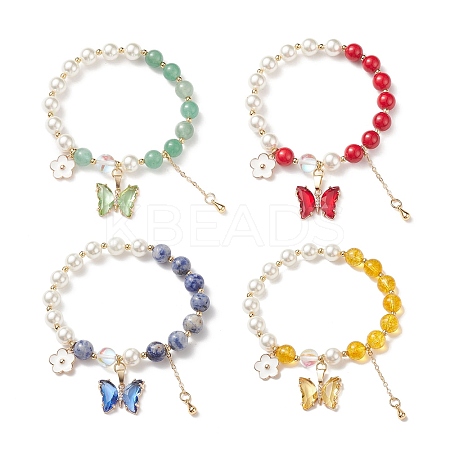 4Pcs 4 Style Round Natural Mixed Gemstone & Shell Pearl Beaded Stretch Bracelets Set BJEW-TA00191-1
